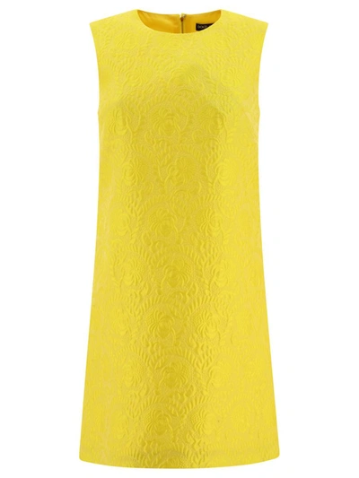 Shop Dolce & Gabbana Brocade Mini Dress In Yellow