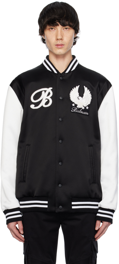 Shop Balmain Black Patch Bomber Jacket In Eab Noir/blanc