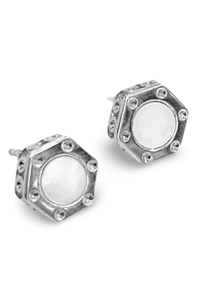 Shop Liza Schwartz Mother-of-pearl Hexagonal Stud Earrings In Silver