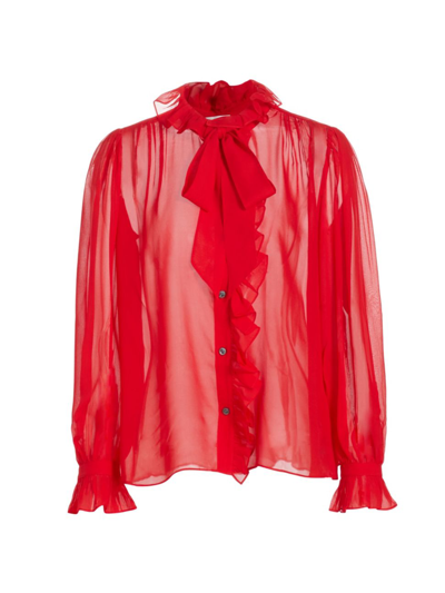 Shop Frame Women's Ruffled Silk Button-front Blouse In Cherry Red