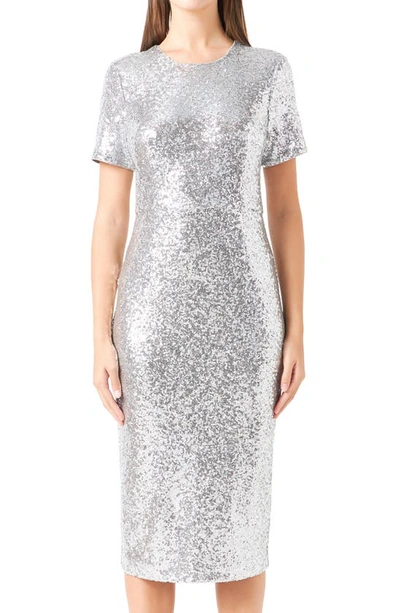 Shop Endless Rose Sequin Short Sleeve Midi Sheath Dress In Silver