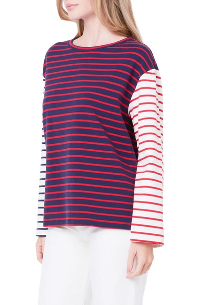English Factory Colorblock Stripe Long Sleeve Stretch Cotton Top In Navy Multi