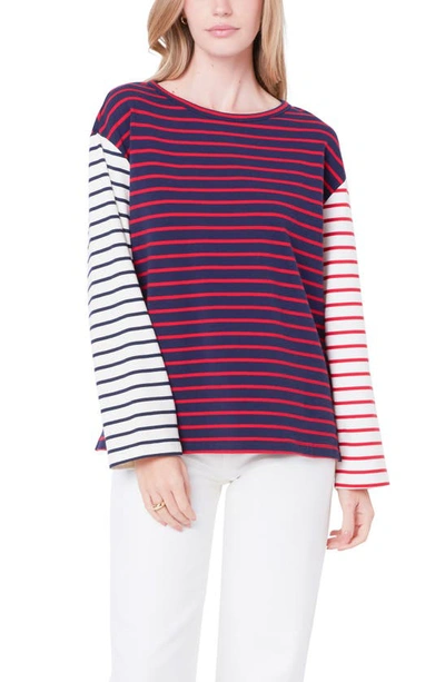 English Factory Colorblock Stripe Long Sleeve Stretch Cotton Top In Navy Multi