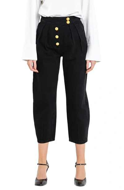 Shop English Factory Premium Pleated Crop Wide Leg Denim Trousers In Black