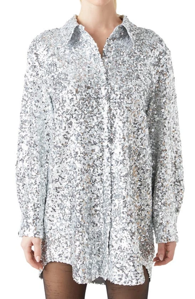 Shop Grey Lab Sequin Long Sleeve Mini Shirtdress In Silver