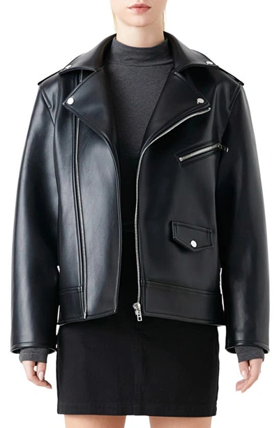 Shop Grey Lab Padded Shoulder Faux Leather Biker Jacket In Black