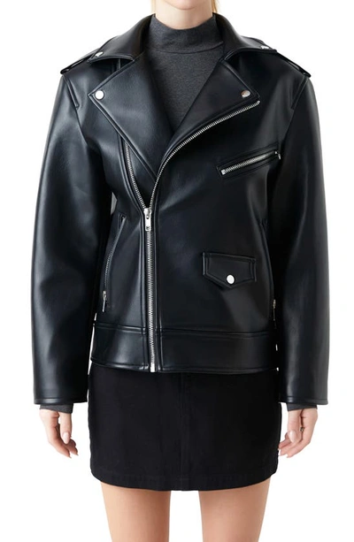 Grey Lab Padded Shoulder Faux Leather Biker Jacket In Black | ModeSens