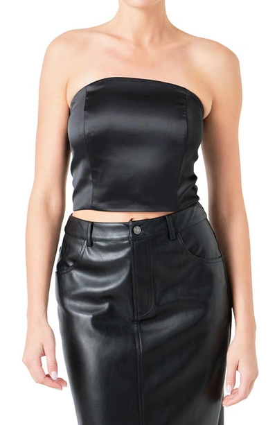 Shop Endless Rose Strapless Satin Crop Top In Black