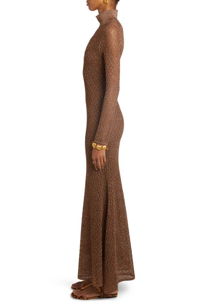 Shop Tom Ford Long Sleeve Metallic Lace Turtleneck Maxi Dress In Antique Bronze