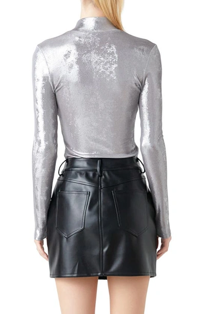 Grey Lab Shiny Mock Neck Top In Silver