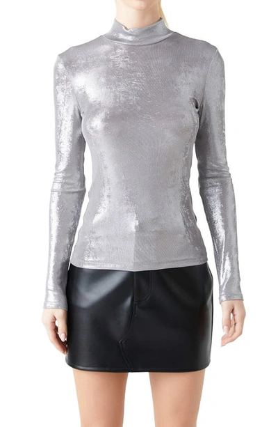 Grey Lab Shiny Mock Neck Top In Silver