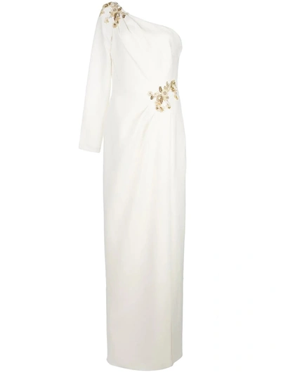 Shop Marchesa One Shoulder Beaded Crepe Gown In Ivory