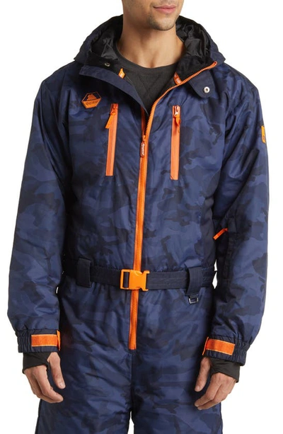 Shop Tipsy Elves Camouflage Freestyler Waterproof Snowsuit In Navy/black/orange