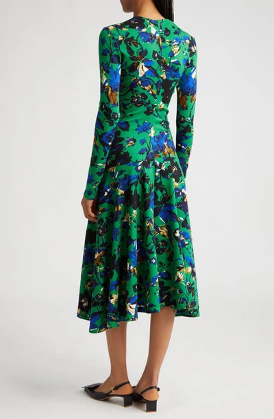 Shop Erdem Floral Print Ruched Long Sleeve Midi Dress In Green