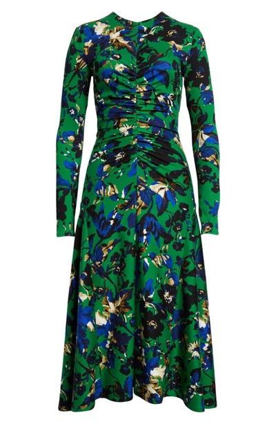 Shop Erdem Floral Print Ruched Long Sleeve Midi Dress In Green