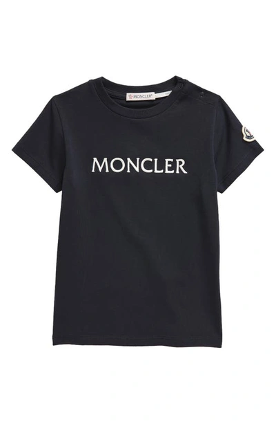 Shop Moncler Kids' Embroidered Logo Stretch Cotton T-shirt In Blue Navy