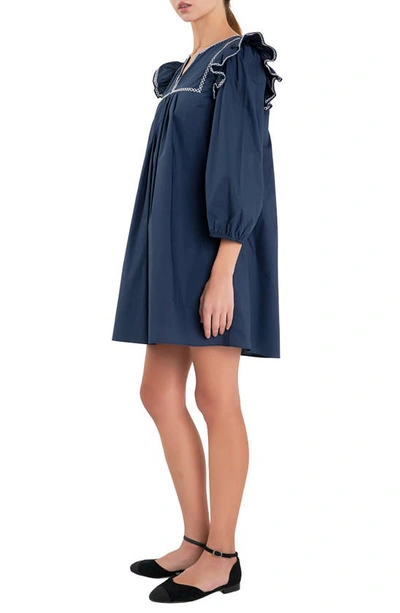 Shop English Factory Embroidered Ruffle Cotton Minidress In Navy/ White