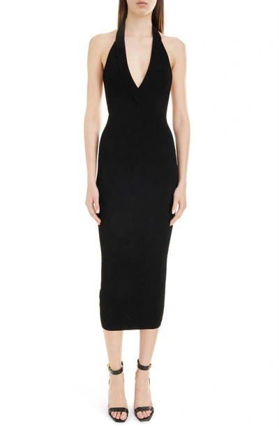 Balmain Halterneck Ribbed knit Midi Dress In Black ModeSens