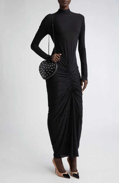 Shop Alaïa Ruched Long Sleeve Stretch Jersey Dress In Noir Alaia
