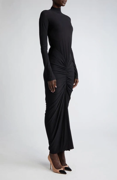 Shop Alaïa Ruched Long Sleeve Stretch Jersey Dress In Noir Alaia