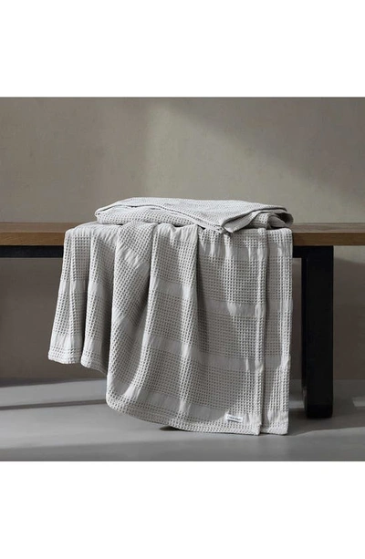 Calvin Klein Waffle Weave Stripe Cotton Blanket In Grey