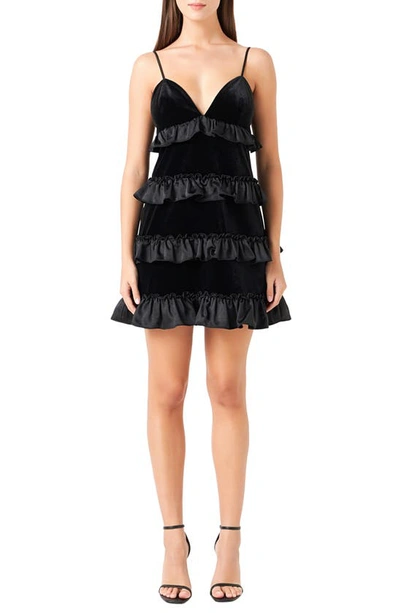 Shop Endless Rose Tiered Ruffle Velvet Minidress In Black