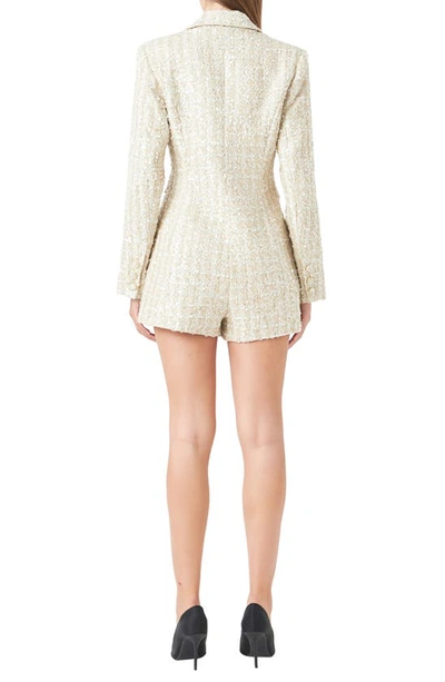 Shop Endless Rose Sequin Tweed Long Sleeve Blazer Romper In Gold