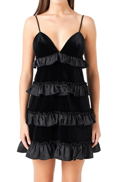 Shop Endless Rose Tiered Ruffle Velvet Minidress In Black