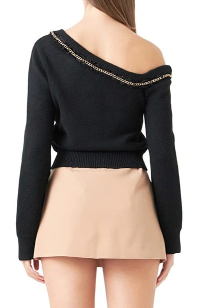Endless Rose Chain Trim One-shoulder Sweater In Black