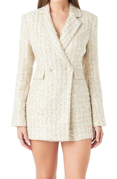 Shop Endless Rose Sequin Tweed Long Sleeve Blazer Romper In Gold