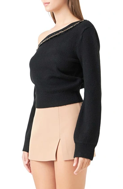 Endless Rose Chain Trim One-shoulder Sweater In Black