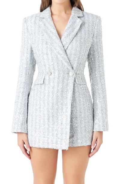 Endless Rose Sequin Tweed Long Sleeve Blazer Romper In Silver