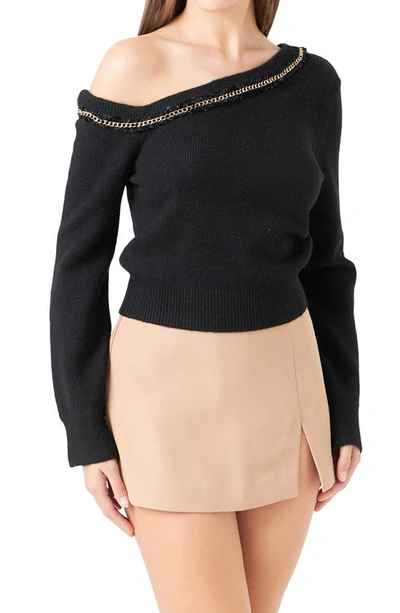 Endless Rose Chain Trim One-shoulder Sweater In Black
