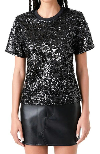 Grey Lab Shoulder Pad Sequin Top In Black