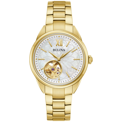 Shop Bulova Sutton Ladies Automatic Watch 97l172 In Gold Tone / Mother Of Pearl / White