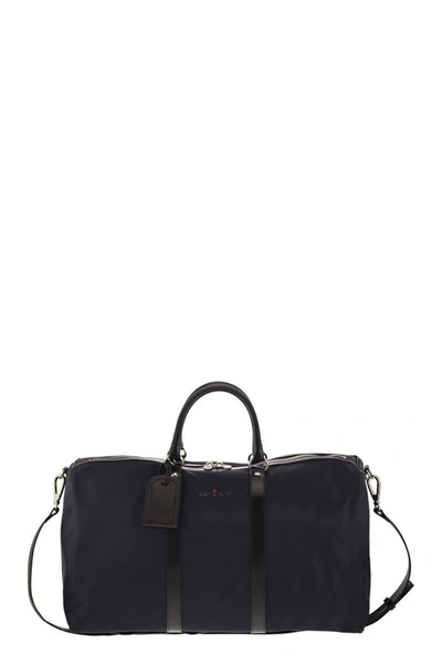Shop Kiton Nylon Weekend Bag With Leather Details In Blue