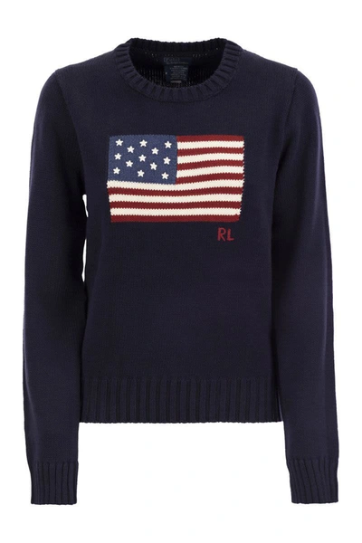 Shop Polo Ralph Lauren Cotton Jersey With Flag In Navy Blue