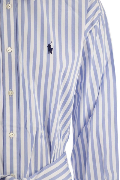 Shop Polo Ralph Lauren Paneled Striped Cotton Chemisier In White/light Blue