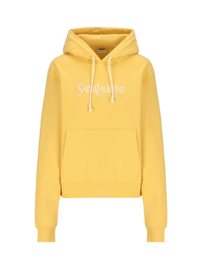 Shop Saint Laurent Logo Embroidered Oversized Hoodie In Yellow