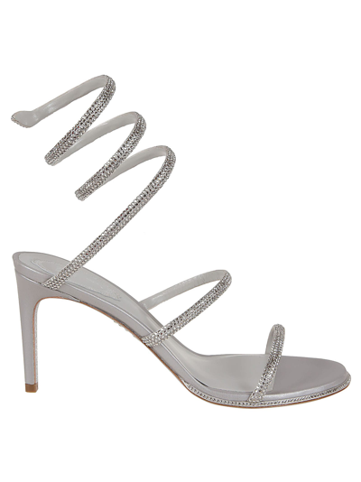 Shop René Caovilla Cleo Sandal Mid-high Heel In Grey Satin C Silver Shade Strass