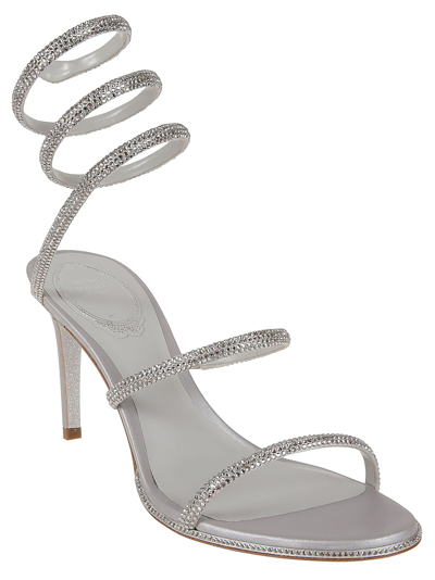 Shop René Caovilla Cleo Sandal Mid-high Heel In Grey Satin C Silver Shade Strass