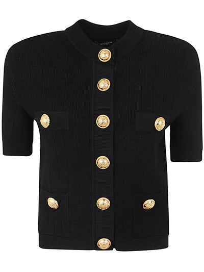Shop Balmain Short Sleeve Buttoned Knit Short Cardigan In Pa Noir
