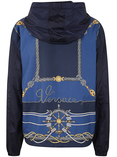 Shop Versace Blouson Technical Fabric And Poly Twill With Nautical Print + Writing Embroidery In Blue Gold