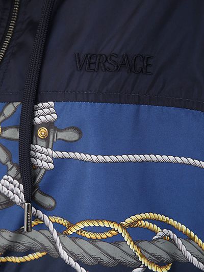 Shop Versace Blouson Technical Fabric And Poly Twill With Nautical Print + Writing Embroidery In Blue Gold