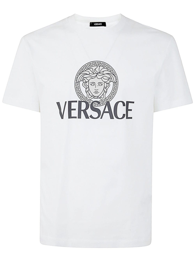 Shop Versace T-shirt Compact Cotton Jersey Fabric Two Color Print In Optical White