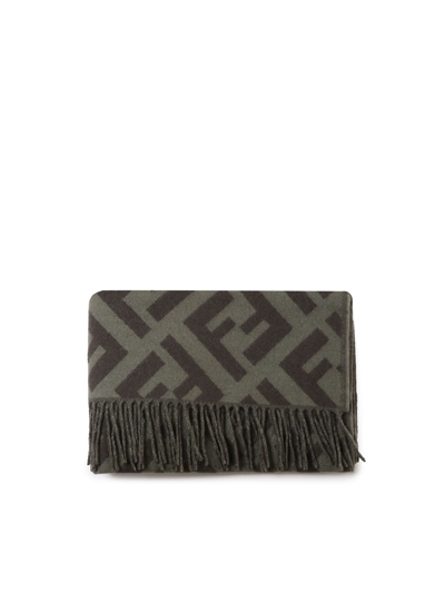 Shop Fendi Logo Wool Scarf With Fringes In Olive Green