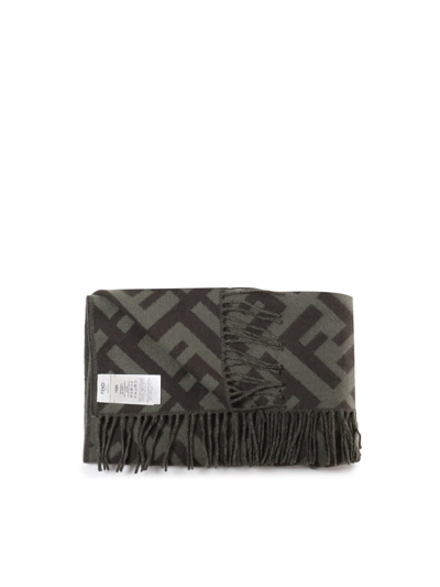 Shop Fendi Logo Wool Scarf With Fringes In Olive Green