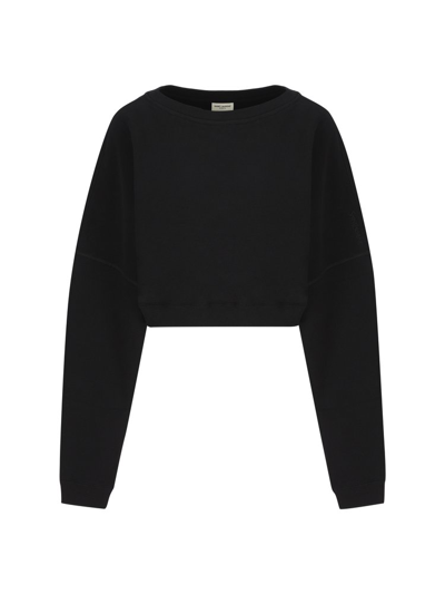 Shop Saint Laurent Crewneck Cropped Sweatshirt In Black