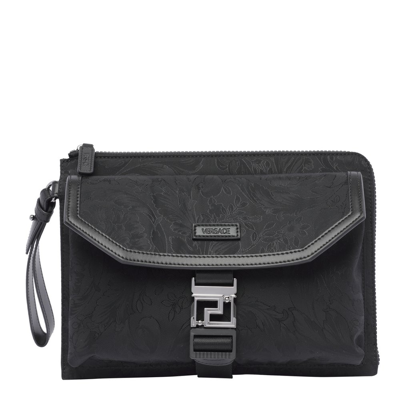 Shop Versace Patterned Jacquard Zipped Clutch Bag In Black