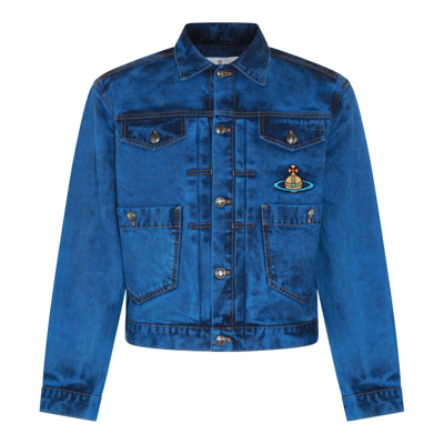 Shop Vivienne Westwood Logo Embroidered Cropped Denim Jacket In Blue